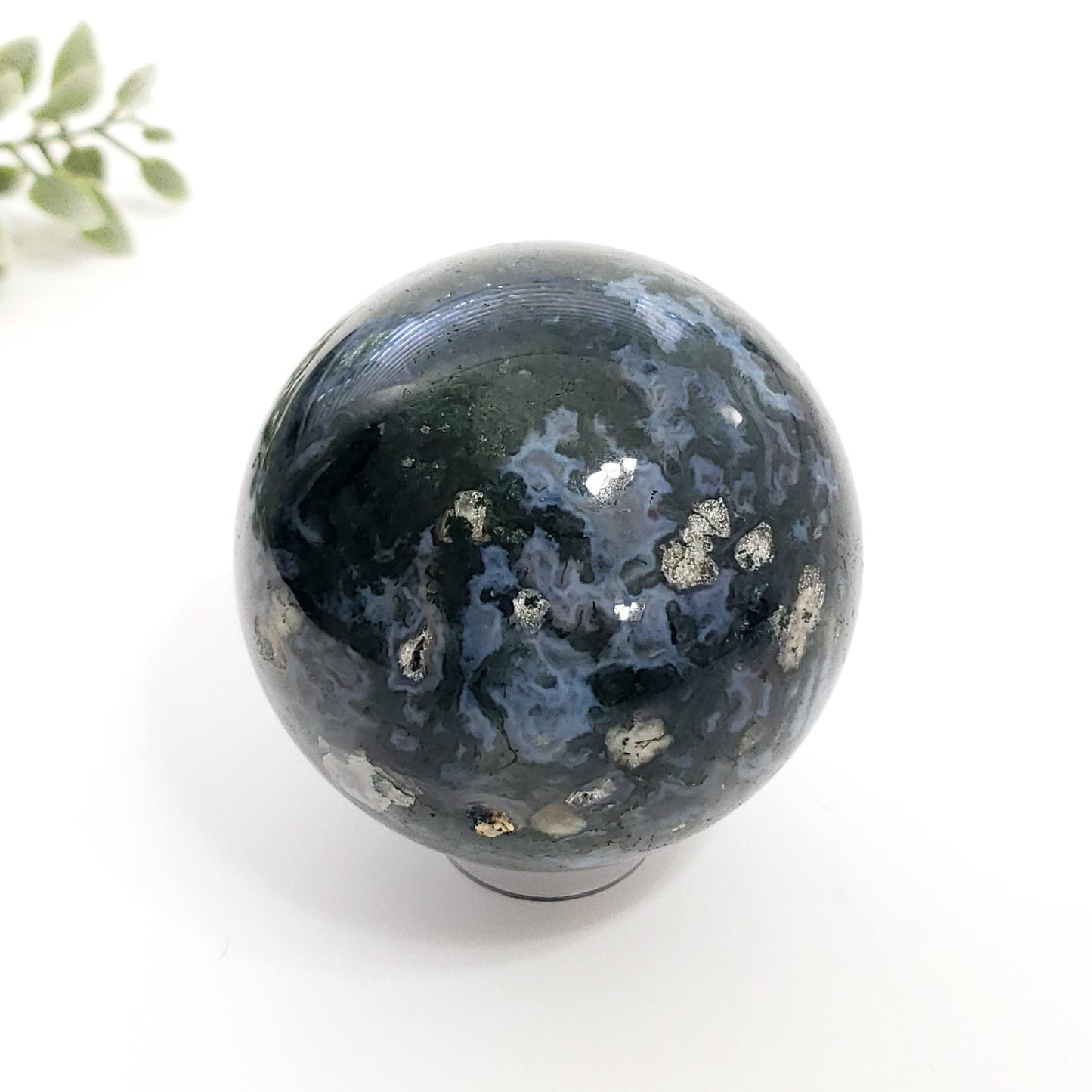 Green Moss Druzy Agate Sphere with Blue Chalcedony for Calm and Renewal