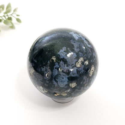 Green Moss Druzy Agate Sphere with Blue Chalcedony for Calm and Renewal