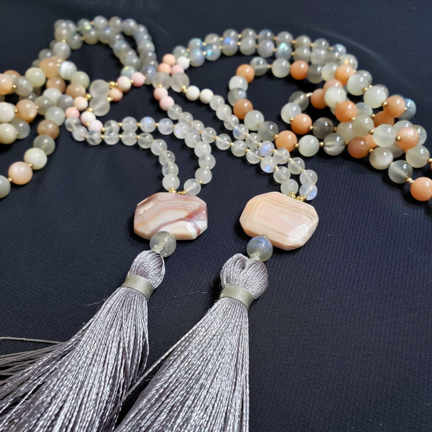 4 Soothing Stones Mala with Moonstone, Sunstone and Labradorite Shimmering Beads