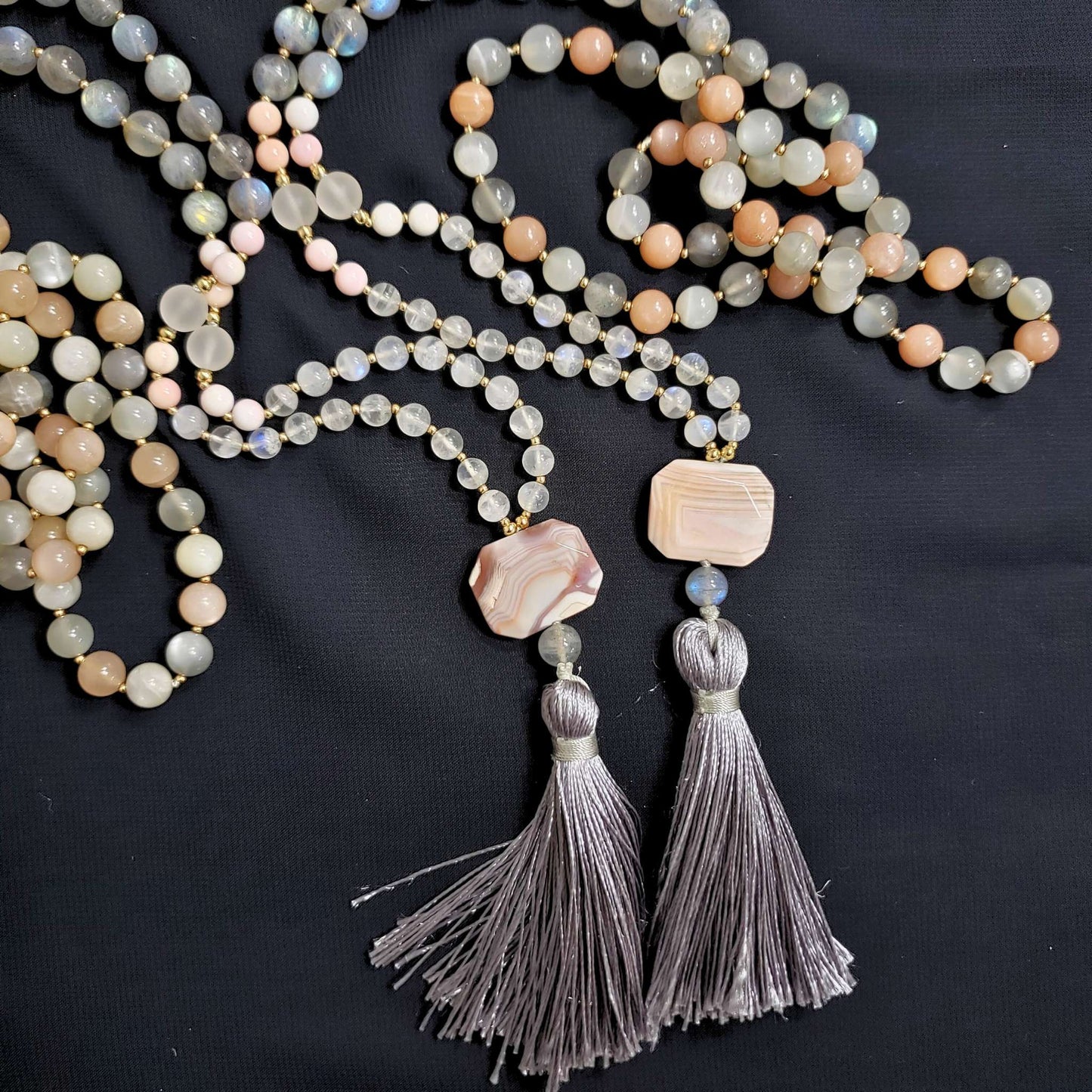 4 Soothing Stones Mala with Moonstone, Sunstone and Labradorite Shimmering Beads