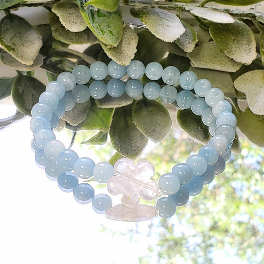 Aquamarine Crystal Bracelet with Rose Quartz Flower