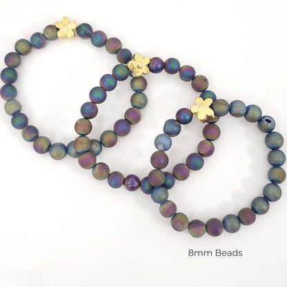 Titanium Aura Agate Beaded Bracelet with Golden Flower – Limited Fall Edition