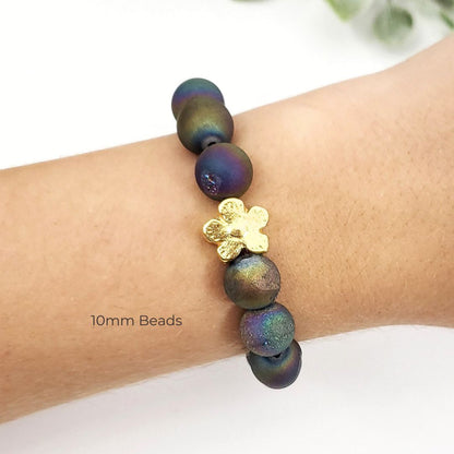 Titanium Aura Agate Beaded Bracelet with Golden Flower – Limited Fall Edition