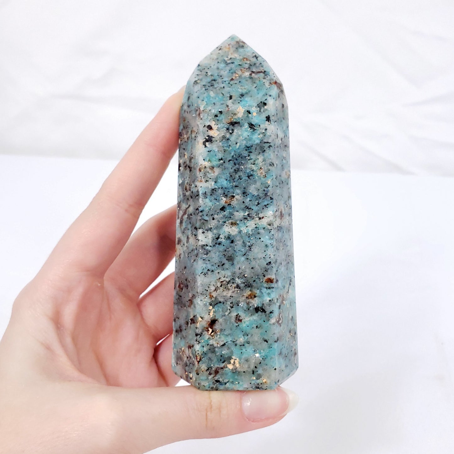 Amazonite Point with Garnet Inclusions
