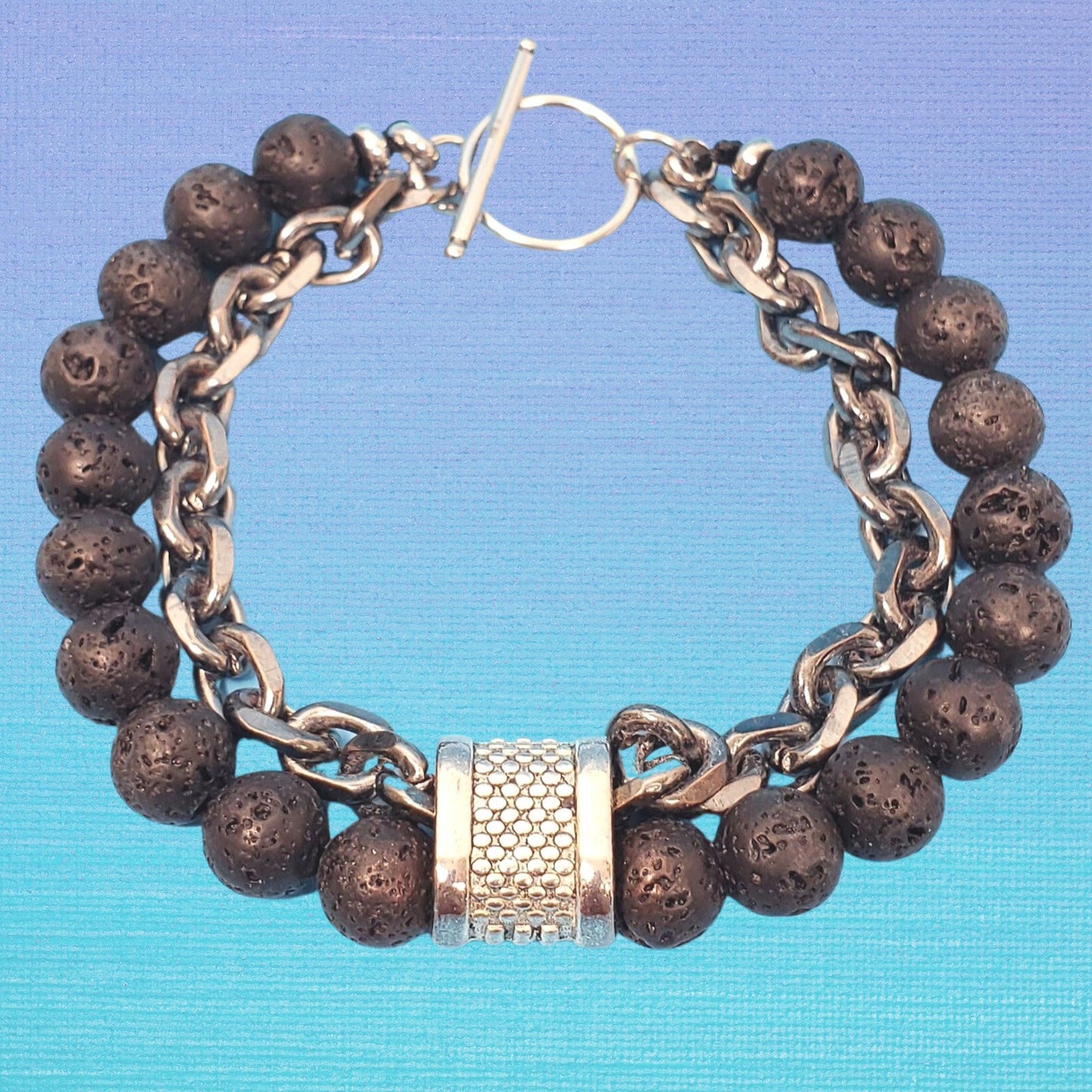 Black Lava Bead Bracelet with Chain and Clasp