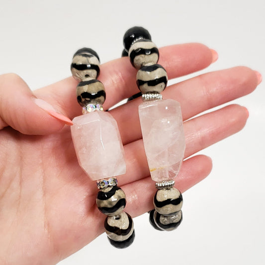 Funky Bracelet with Rose Quartz, DZI Agate, and Black Onyx