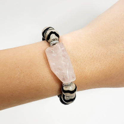 Funky Bracelet with Rose Quartz, DZI Agate, and Black Onyx