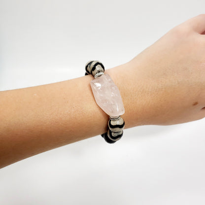 Funky Bracelet with Rose Quartz, DZI Agate, and Black Onyx
