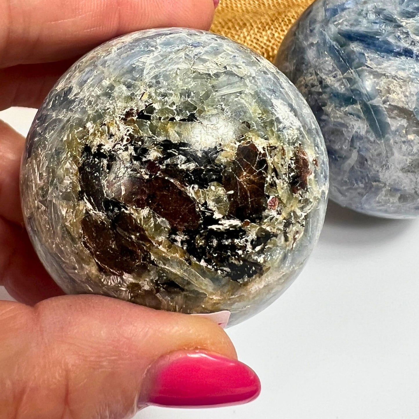 Blue Kyanite Sphere with Garnet Inclusions for Balance, Courage & Energy Flow