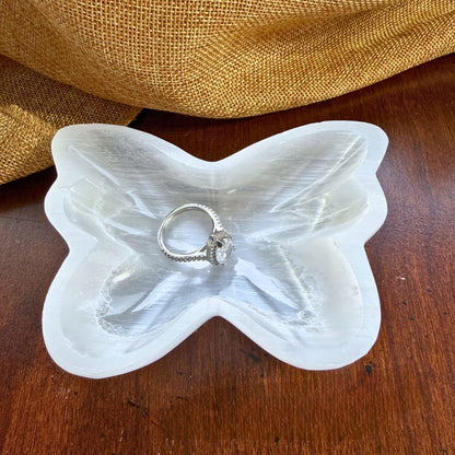 High-Shine Selenite Butterfly Bowl for Jewelry, Keepsakes and Gifts