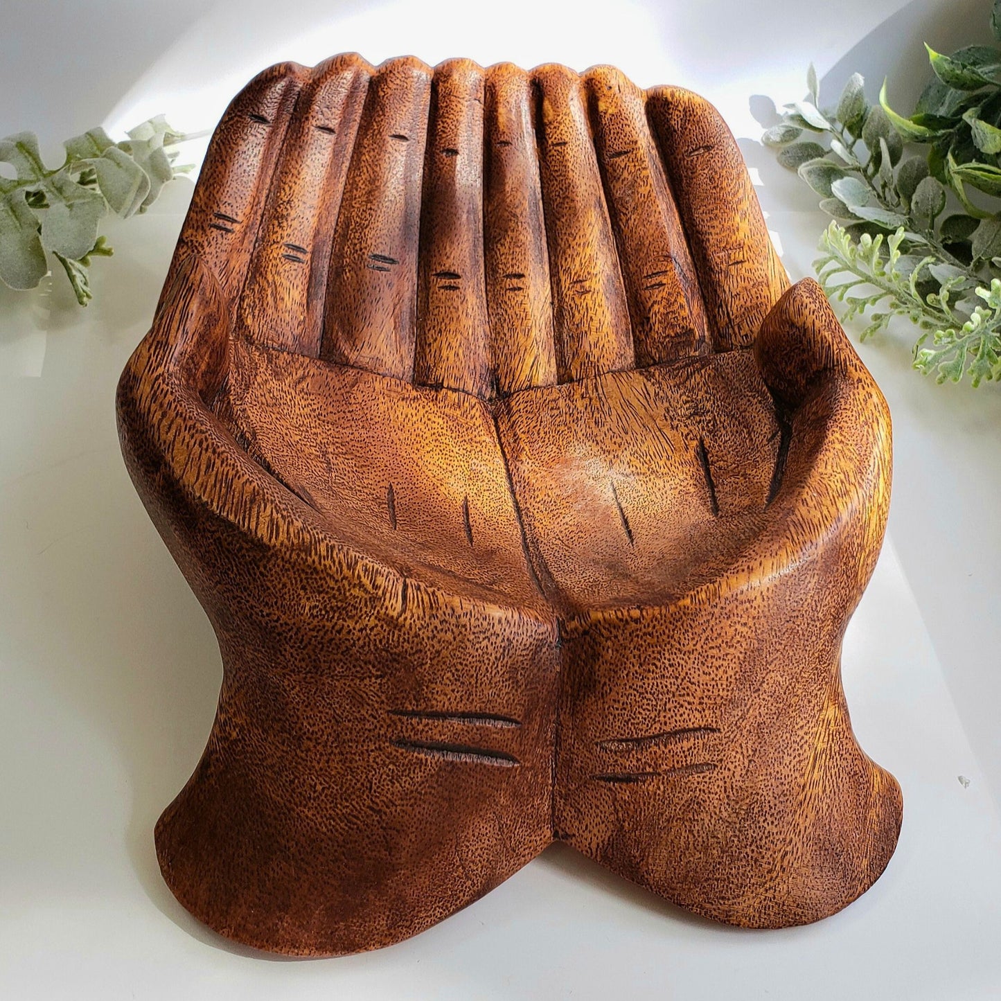 Artisanal Wooden Bowl with Open Hands Design