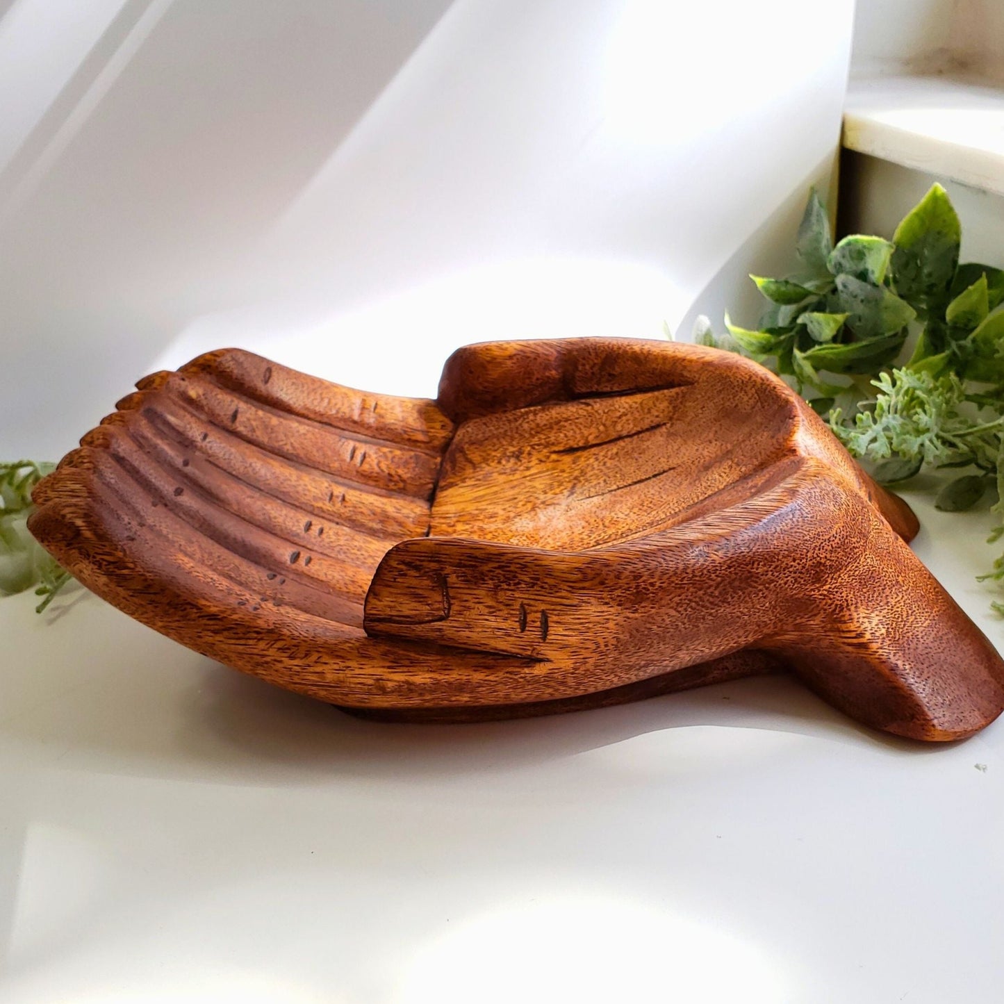 Artisanal Wooden Bowl with Open Hands Design