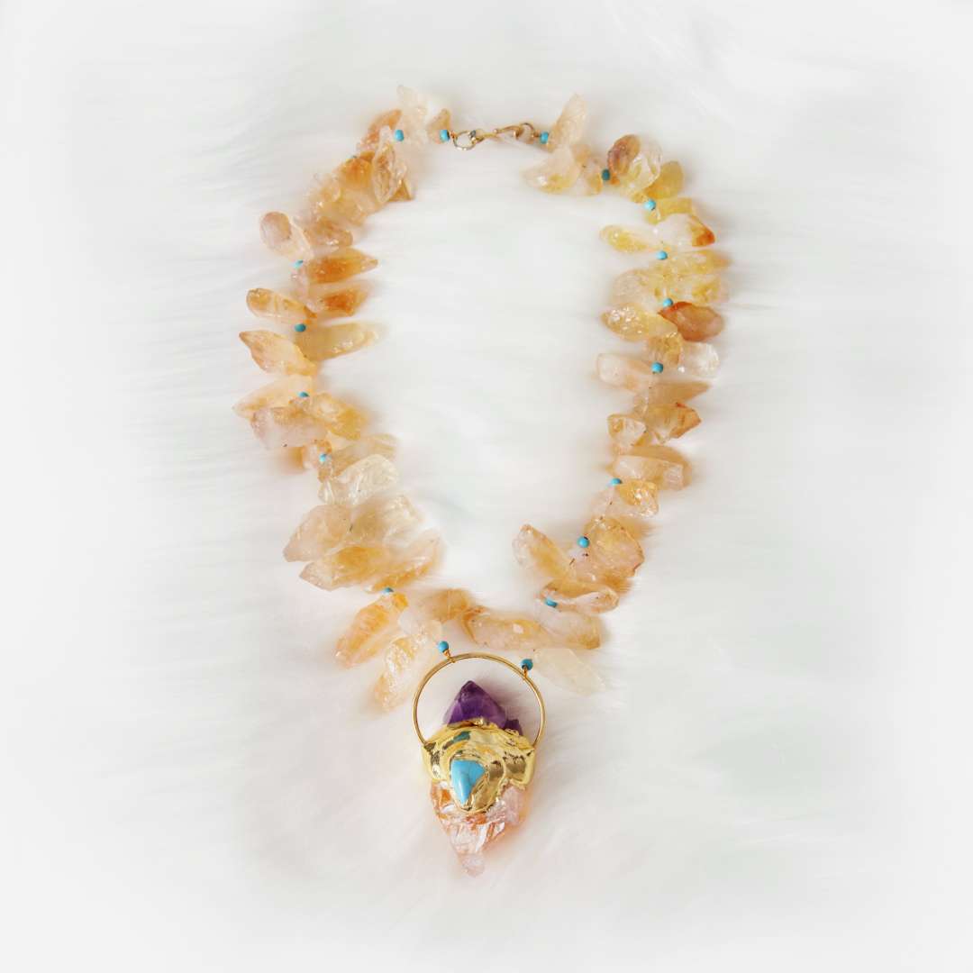 Citrine and Turquoise Crystal Necklace for Happiness