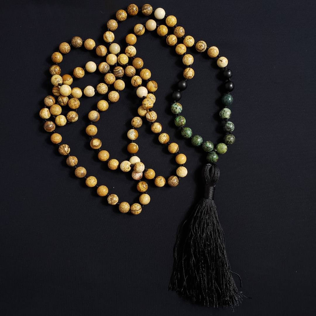 Divine Harmony: 8mm Picture Jasper and African Turquoise Jasper Mala Necklace with Black Onyx