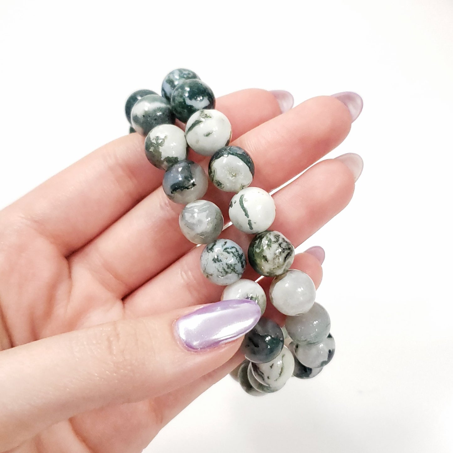 10mm Green Moss Agate Bracelet with Chalcedony – Optional Pink Flower