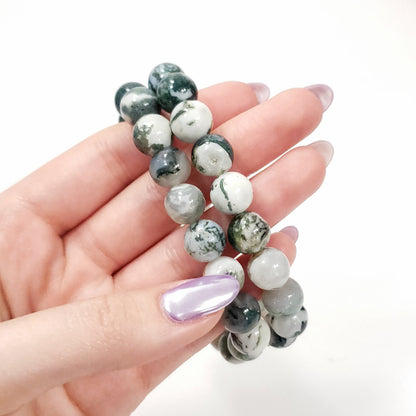 10mm Green Moss Agate Bracelet with Chalcedony – Optional Pink Flower