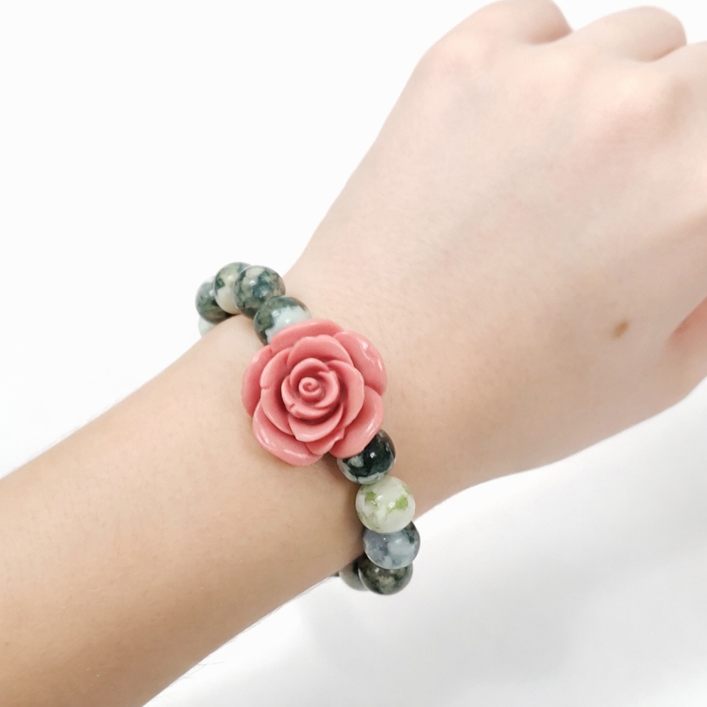 10mm Green Moss Agate Bracelet with Chalcedony – Optional Pink Flower