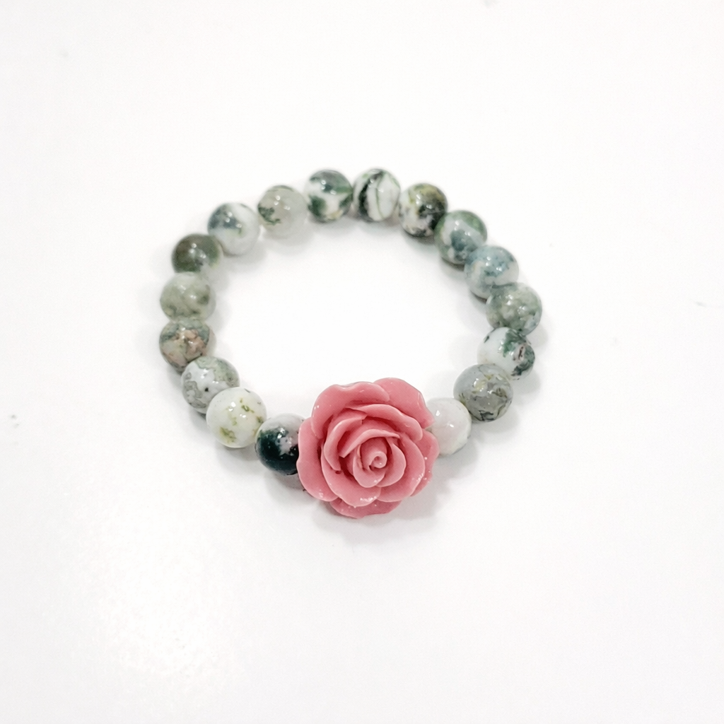 10mm Green Moss Agate Bracelet with Chalcedony – Optional Pink Flower