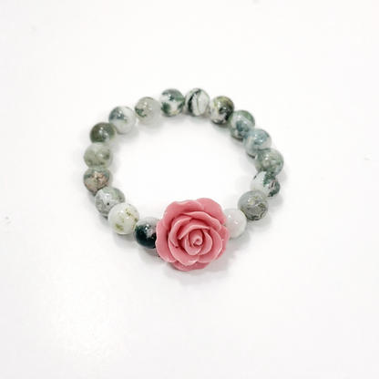 10mm Green Moss Agate Bracelet with Chalcedony – Optional Pink Flower