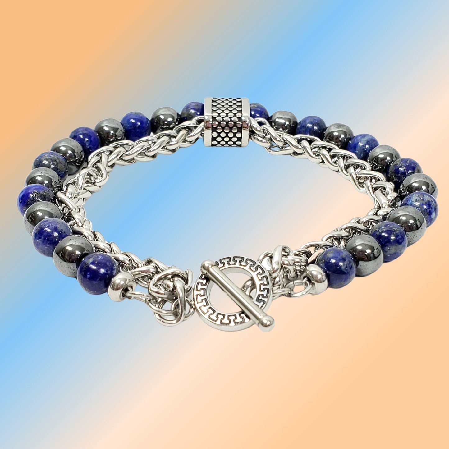 Hematite and Lapis Lazuli Bracelet with Chain and Clasp
