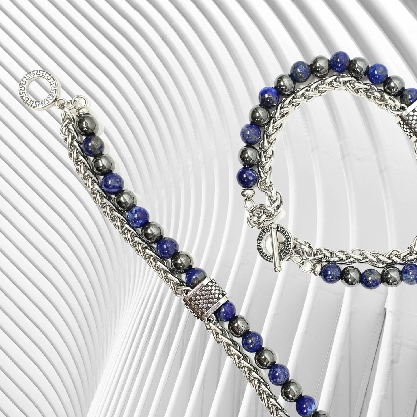 Hematite and Lapis Lazuli Bracelet with Chain and Clasp