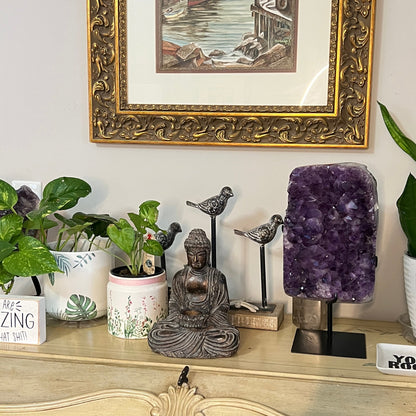 Decorative shelf with plants, a Buddha statue, and a large Amethyst Geode on a wooden surface.