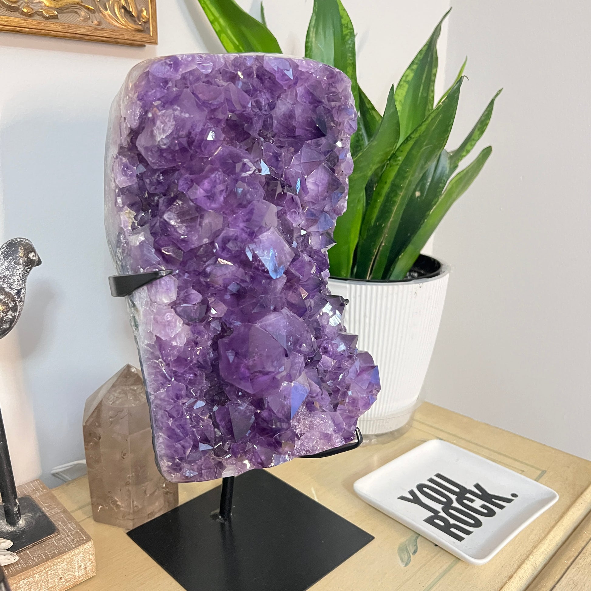 Amethyst crystal on a stand with a plant and decorative items in the background
