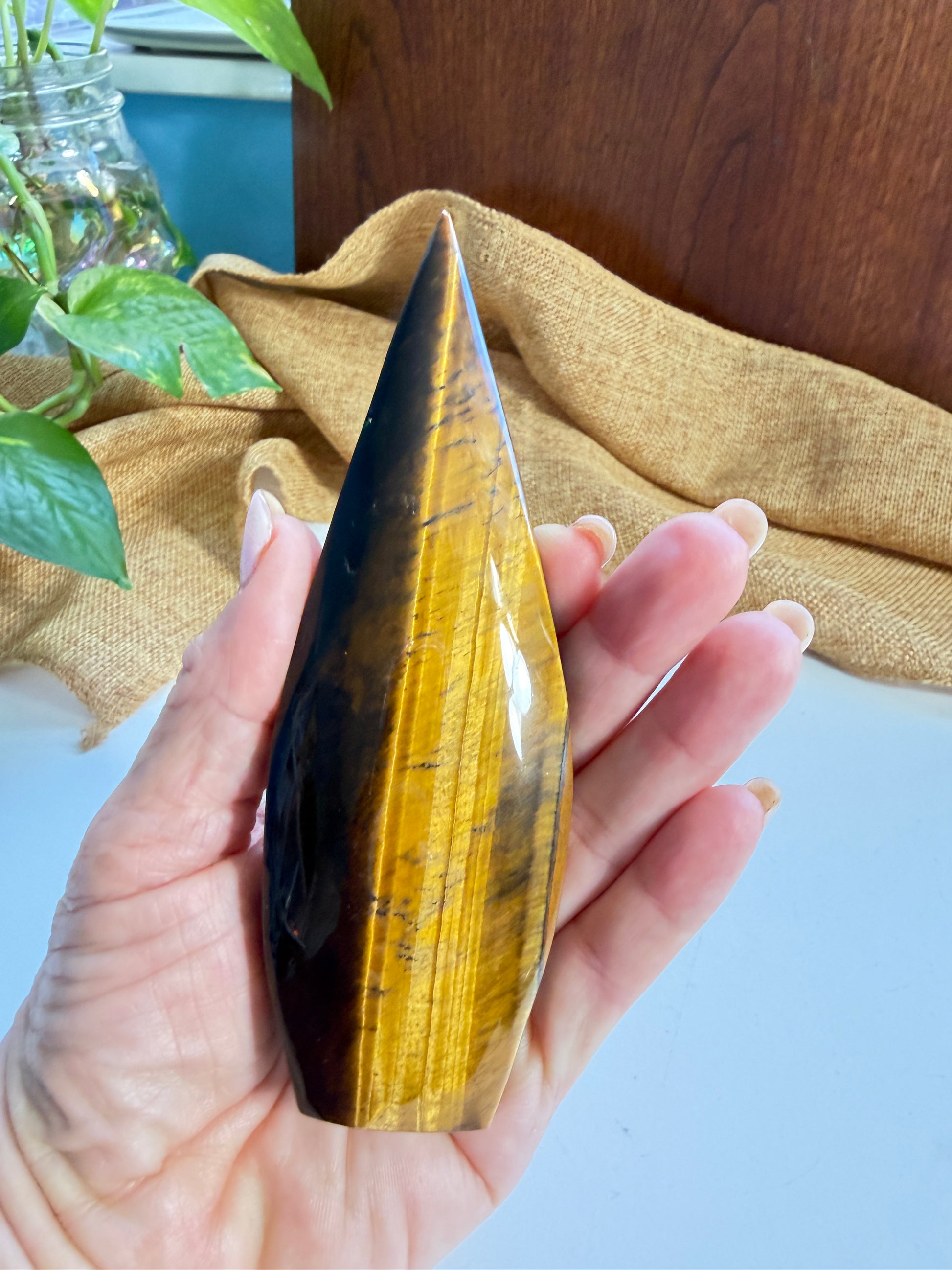 Golden Tiger Eye Flame crystal full view - natural healing stone for courage, focus and steady determination