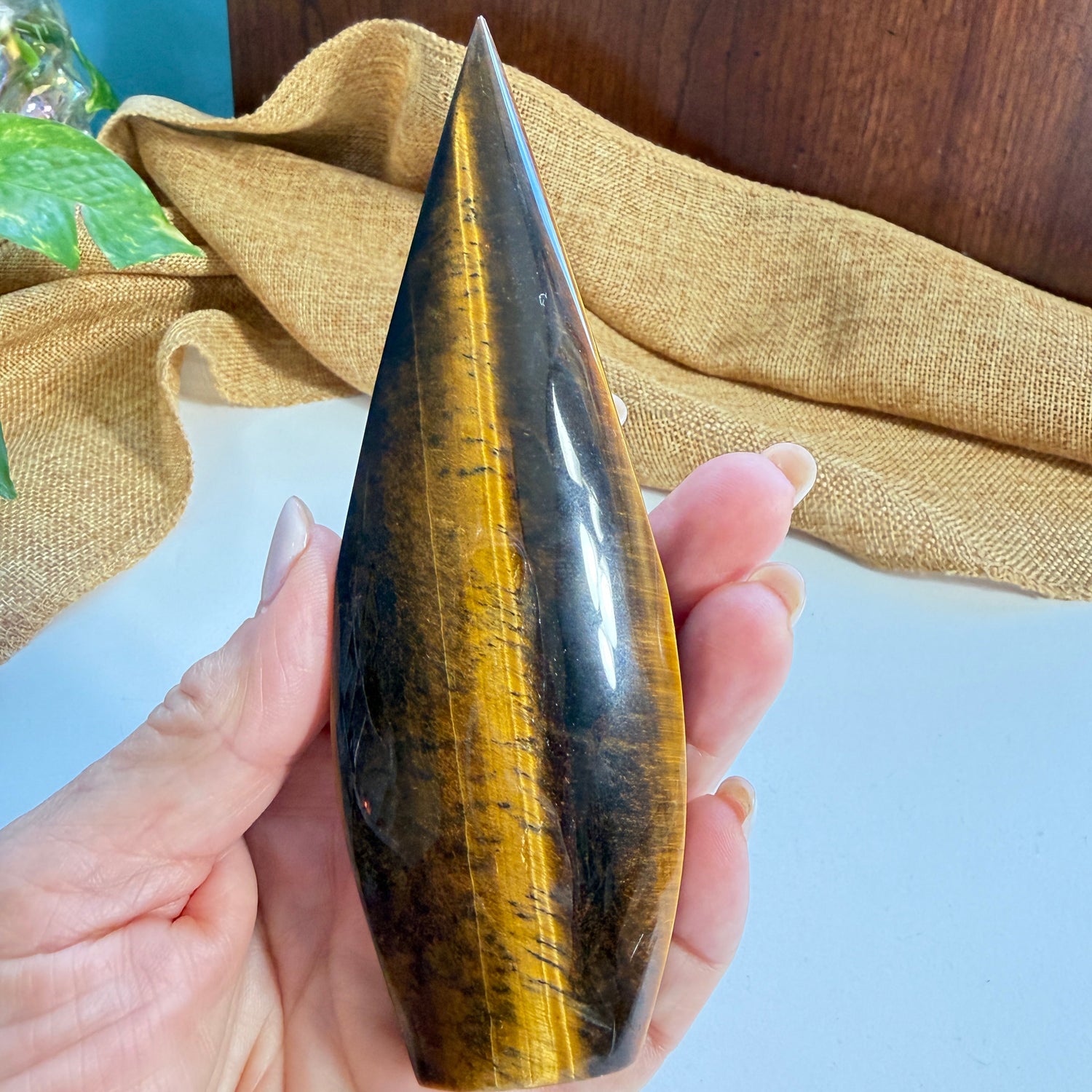  Golden Tiger Eye Crystal Flame showing luminous golden bands and silky chatoyant