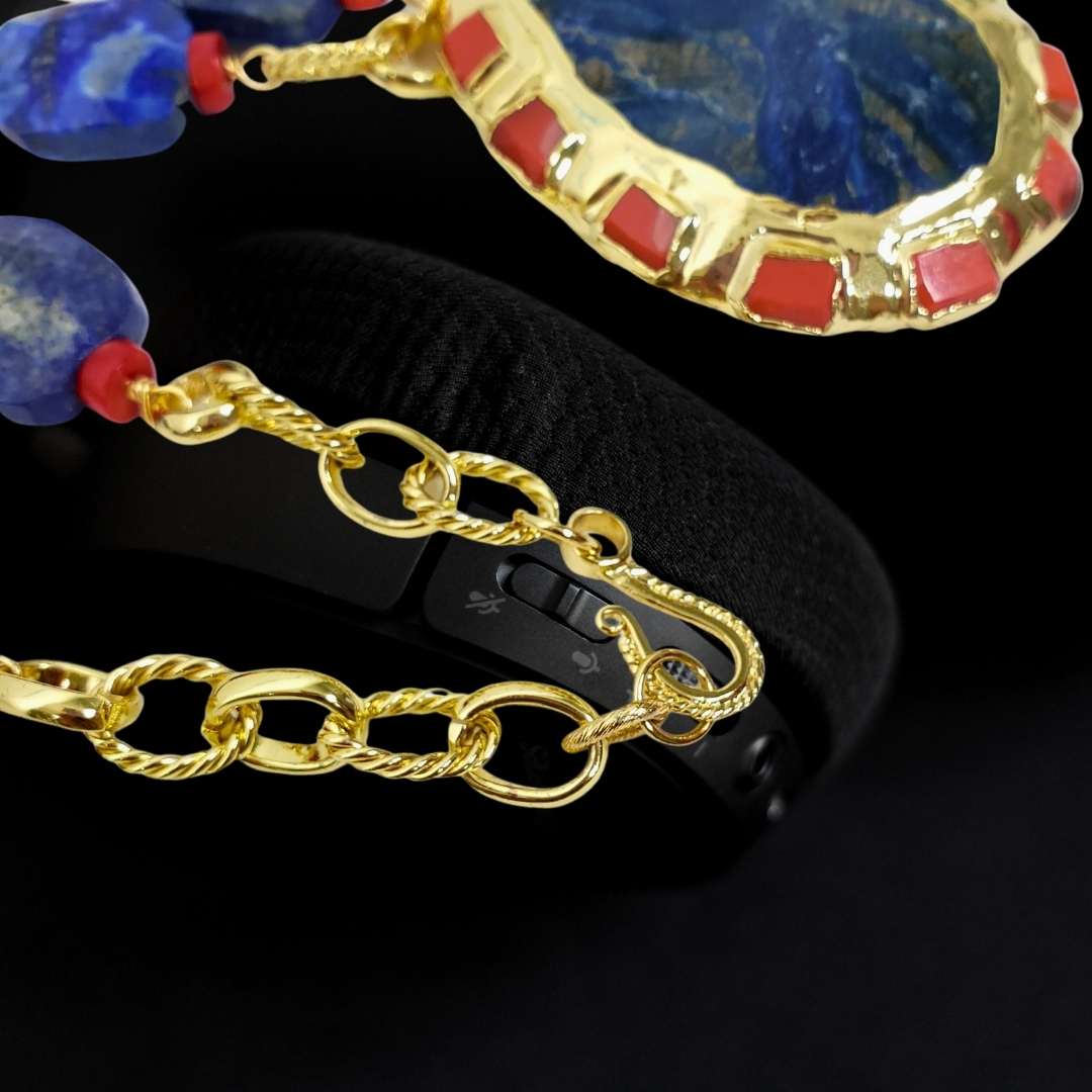 Bold Lapis Lazuli and Coral Gold Chain Necklace with Large Sea Jasper Pendant