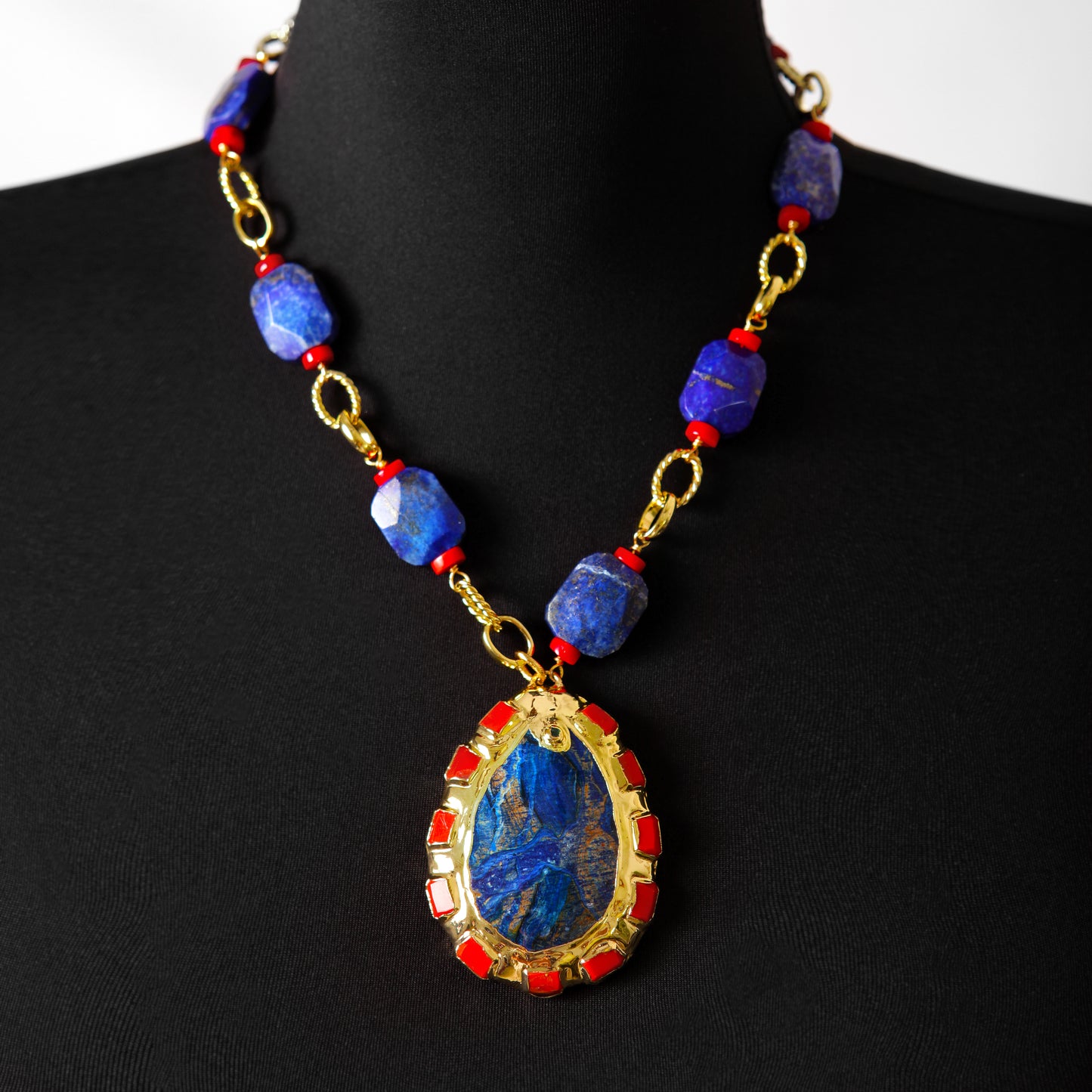 Bold Lapis Lazuli and Coral Gold Chain Necklace with Large Sea Jasper Pendant