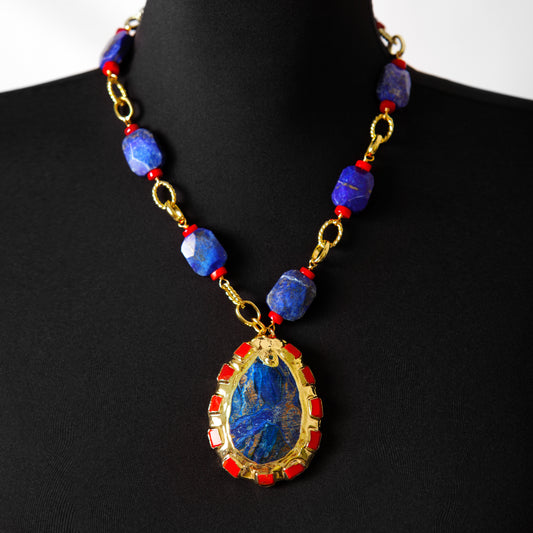 Bold Lapis Lazuli and Coral Gold Chain Necklace with Large Sea Jasper Pendant