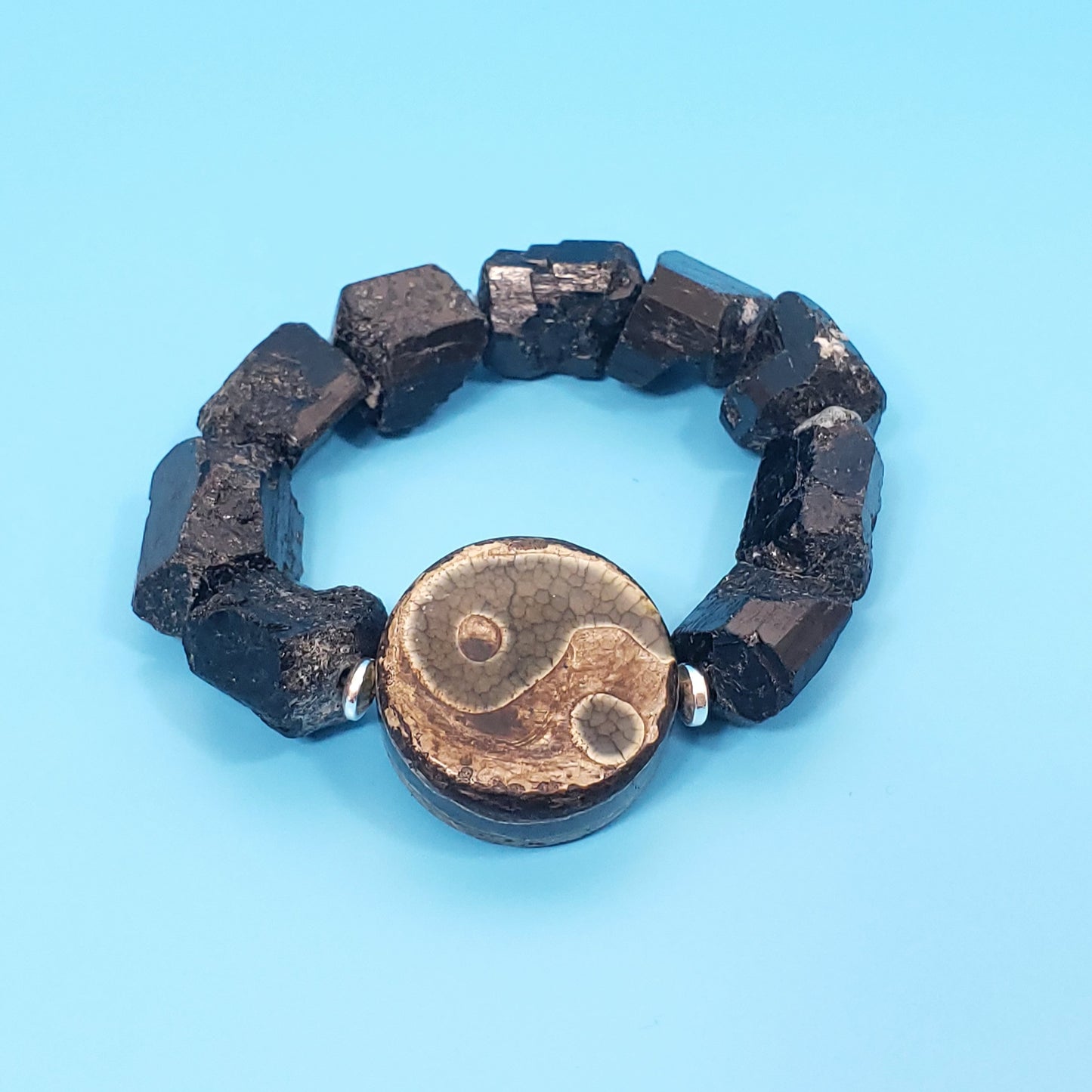 Men's Large Black Tourmaline Beaded Yin/Yang Bracelet
