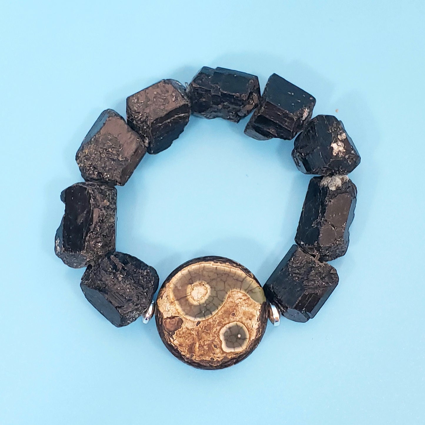 Men's Large Black Tourmaline Beaded Yin/Yang Bracelet