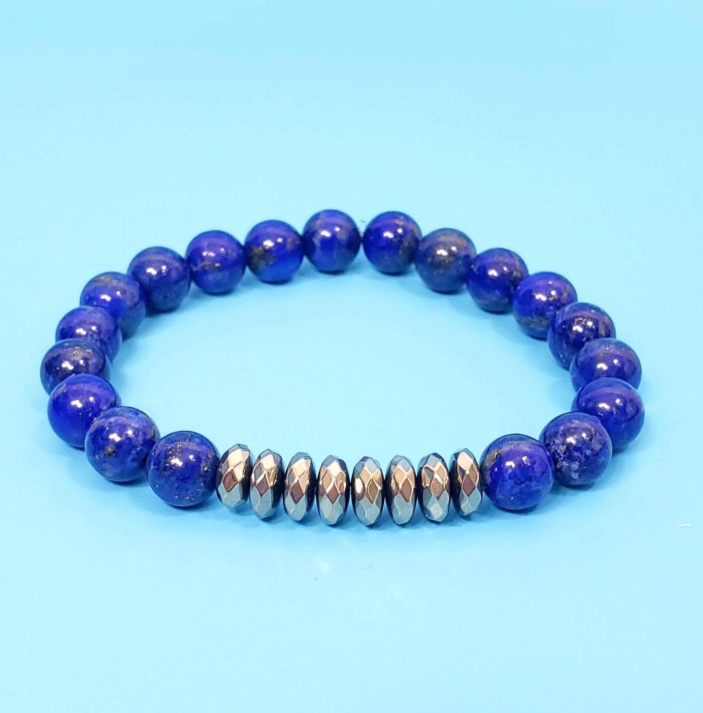 Lapis Lazuli AAAAA Beaded Bracelet with Pyrite Rondelles