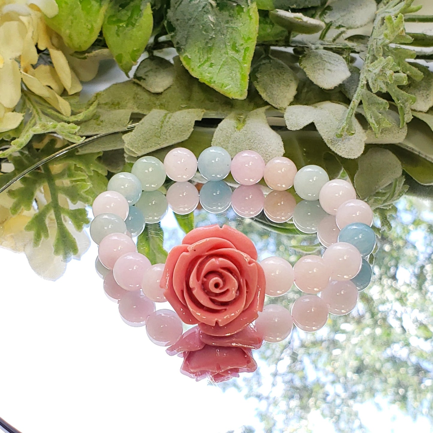 Morganite and Mixed Beryl Crystal  Bracelet with Carved Flower