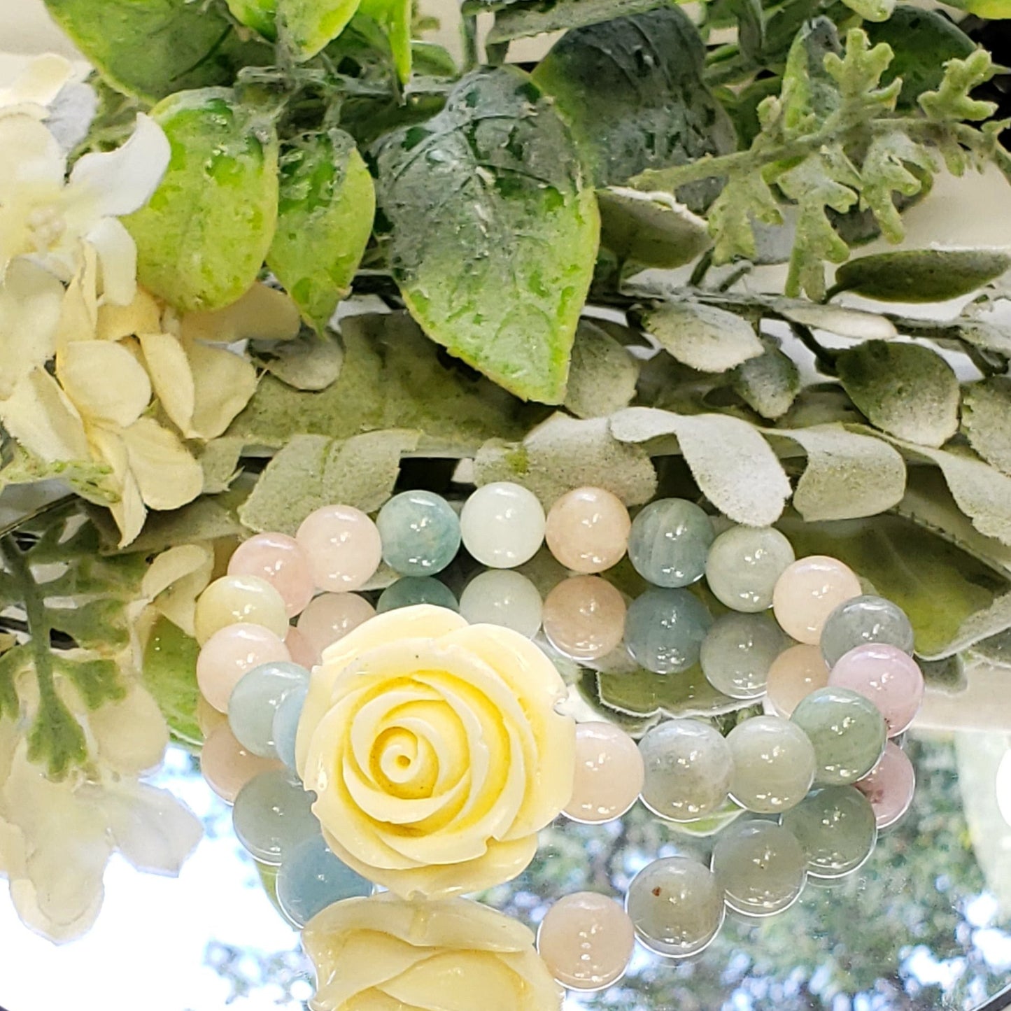 Morganite and Mixed Beryl Crystal  Bracelet with Carved Flower