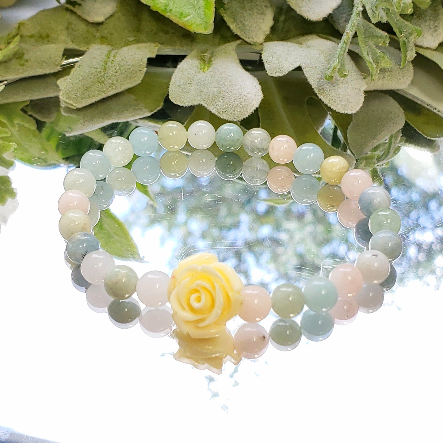 Morganite and Mixed Beryl Crystal  Bracelet with Carved Flower