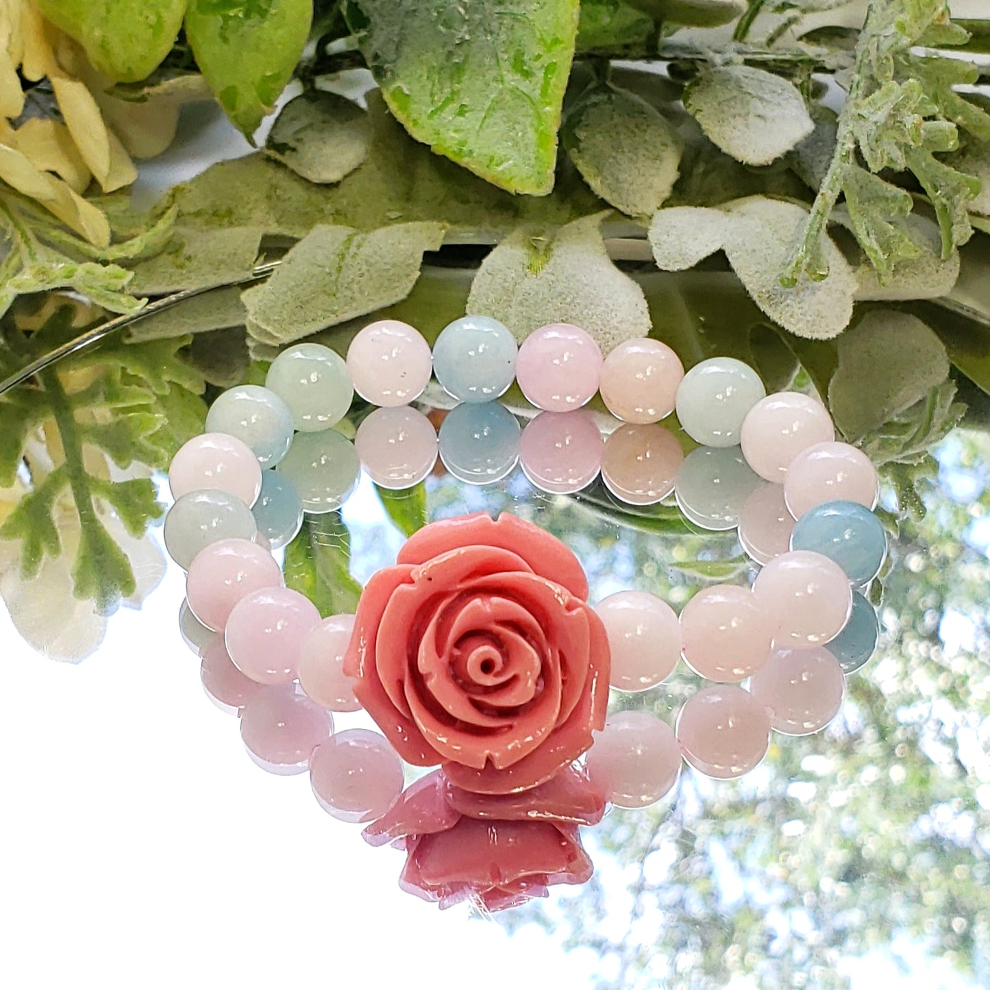 Morganite and Mixed Beryl Crystal  Bracelet with Carved Flower