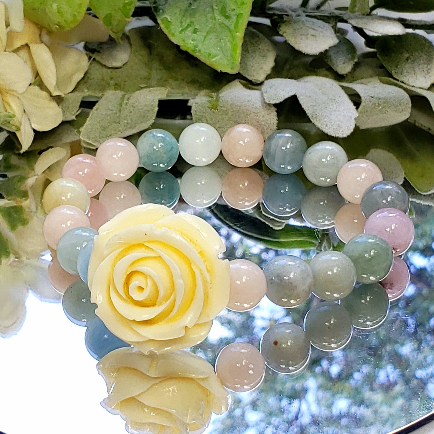 Morganite and Mixed Beryl Crystal  Bracelet with Carved Flower