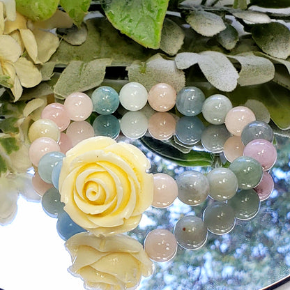 Morganite and Mixed Beryl Crystal  Bracelet with Carved Flower