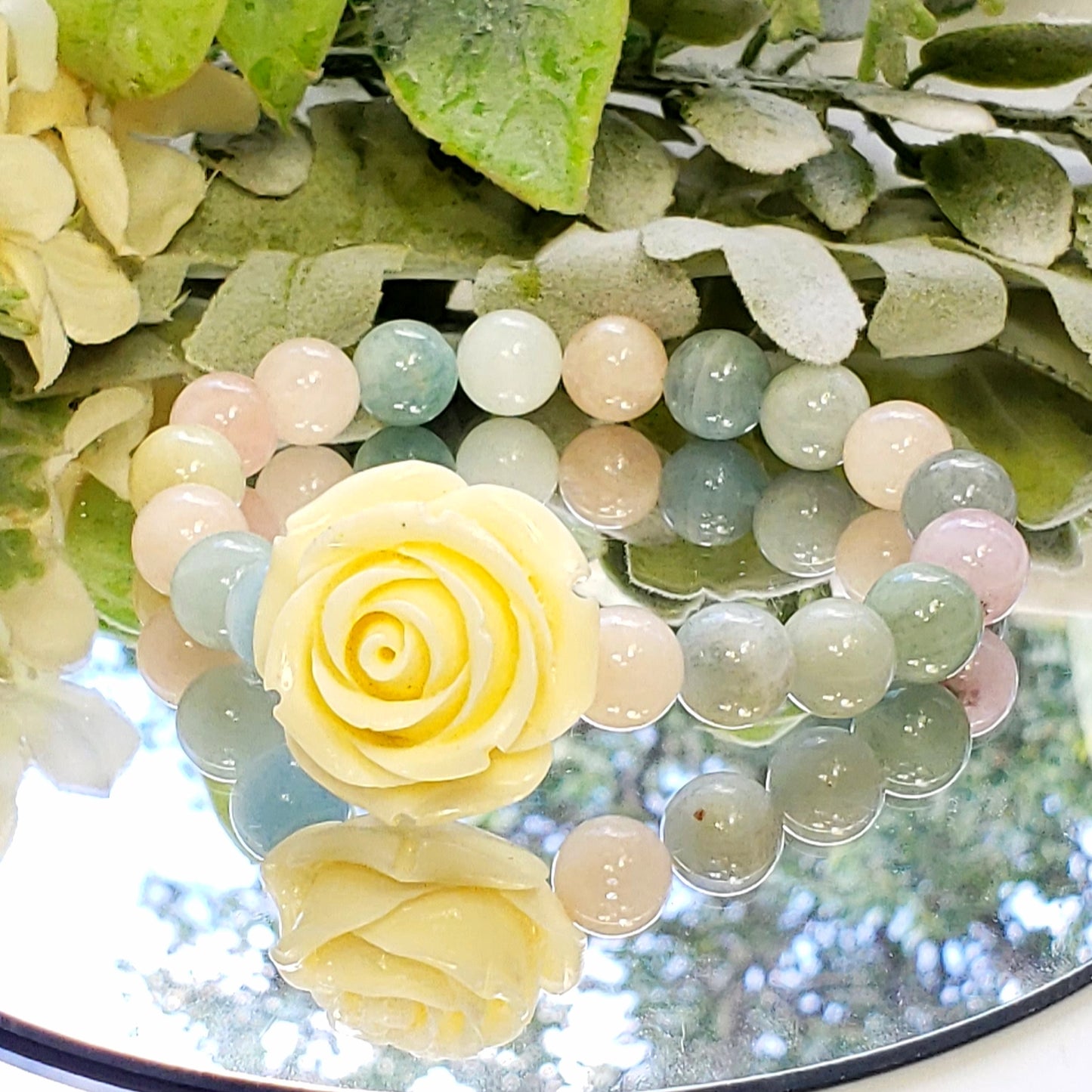 Morganite and Mixed Beryl Crystal  Bracelet with Carved Flower