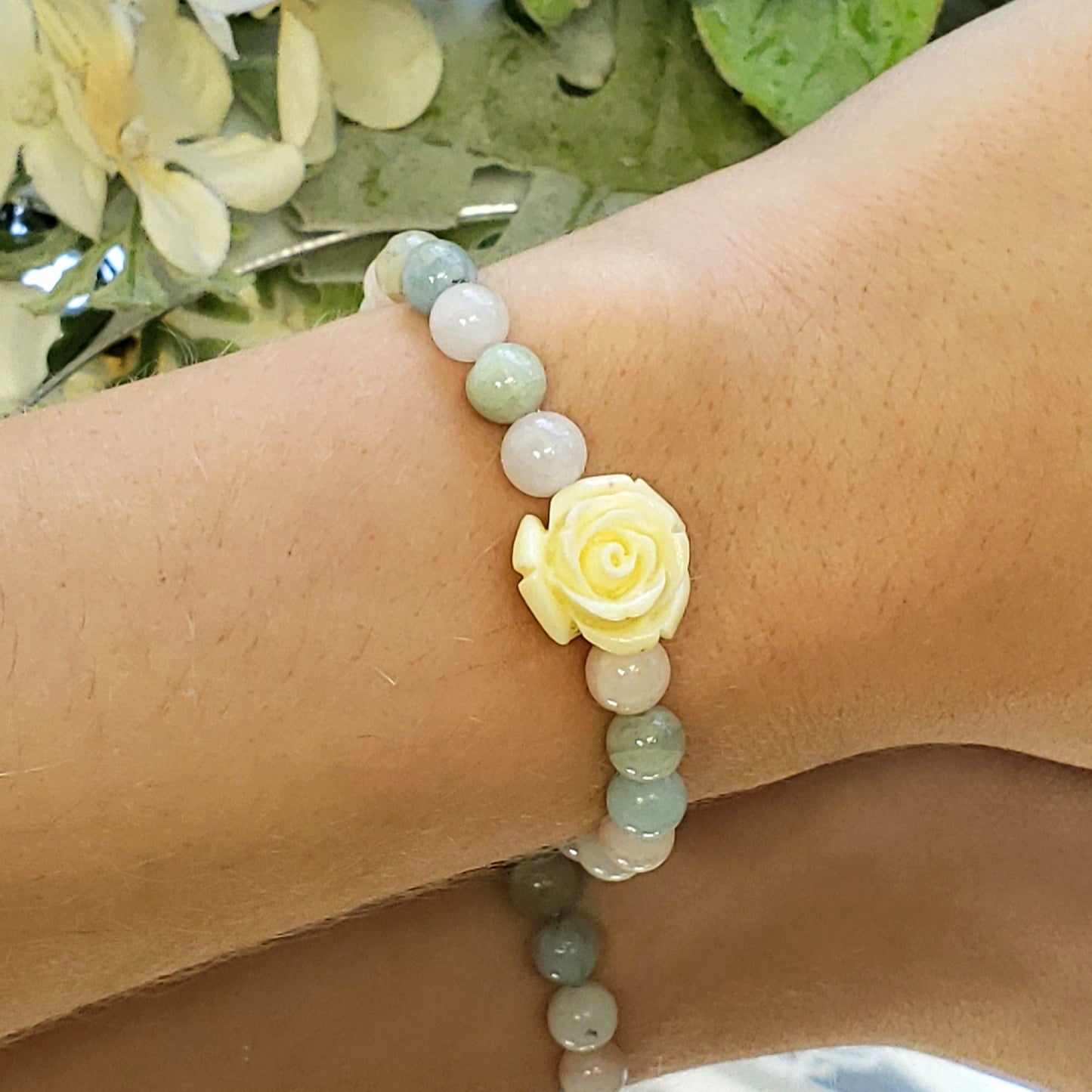 Morganite and Mixed Beryl Crystal  Bracelet with Carved Flower