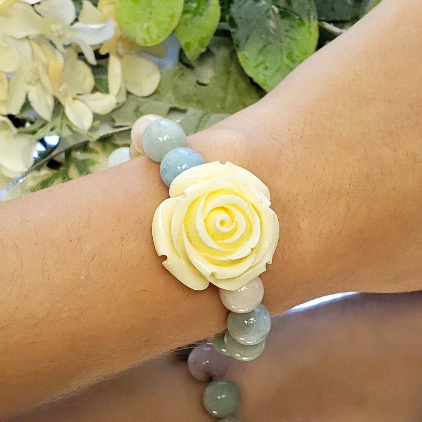 Morganite and Mixed Beryl Crystal  Bracelet with Carved Flower