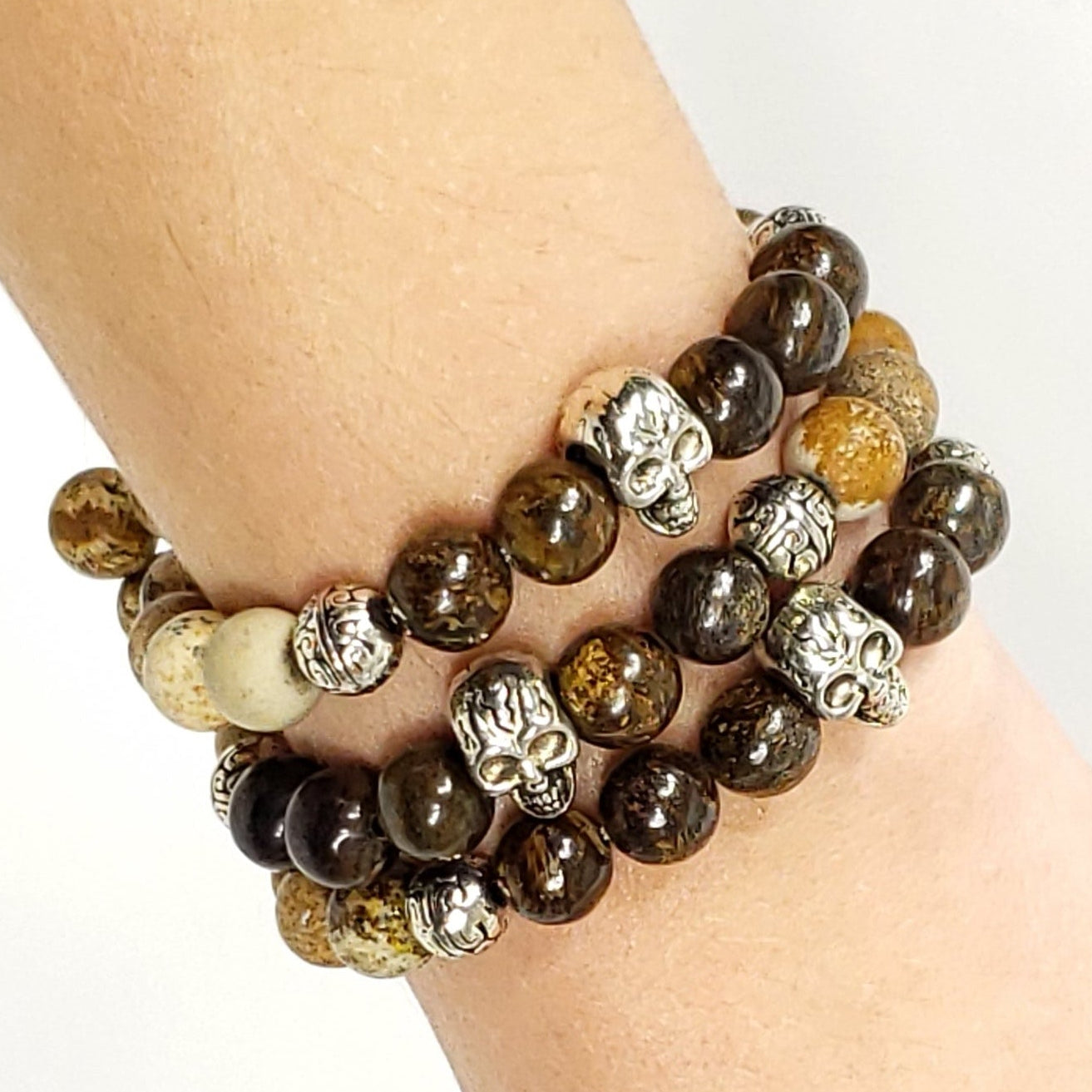 Picture Jasper and Bronzite 8mm Skull Bracelet for Grounding