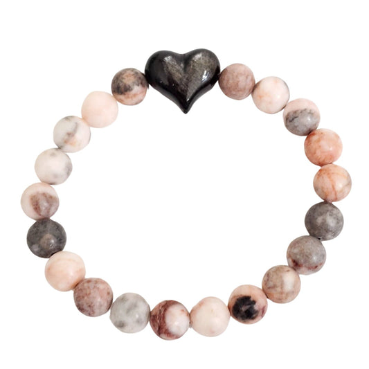 Pink Zebra Jasper Bracelet with Silver Sheen Obsidian Heart