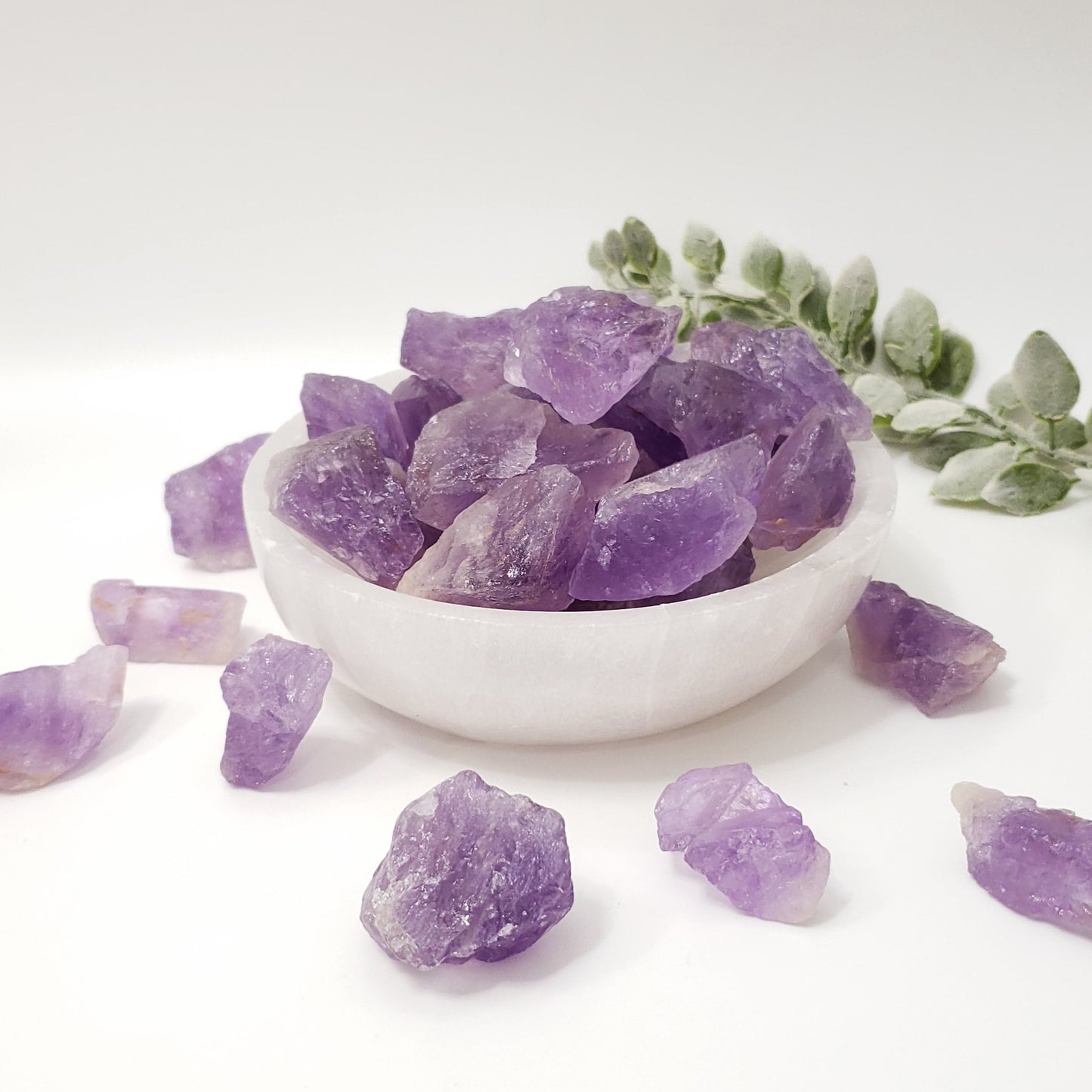 Amethyst crystals in a white bowl with greenery on a light background