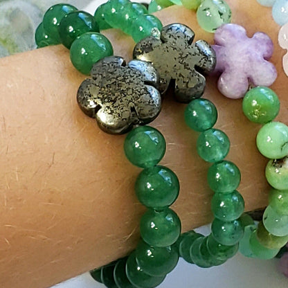 Lucky Green Aventurine Crystal Bracelet wth Pyrite Flower