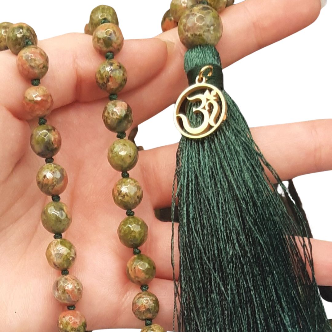 Unakite Mala with Faceted Beads and Gold OM Charm