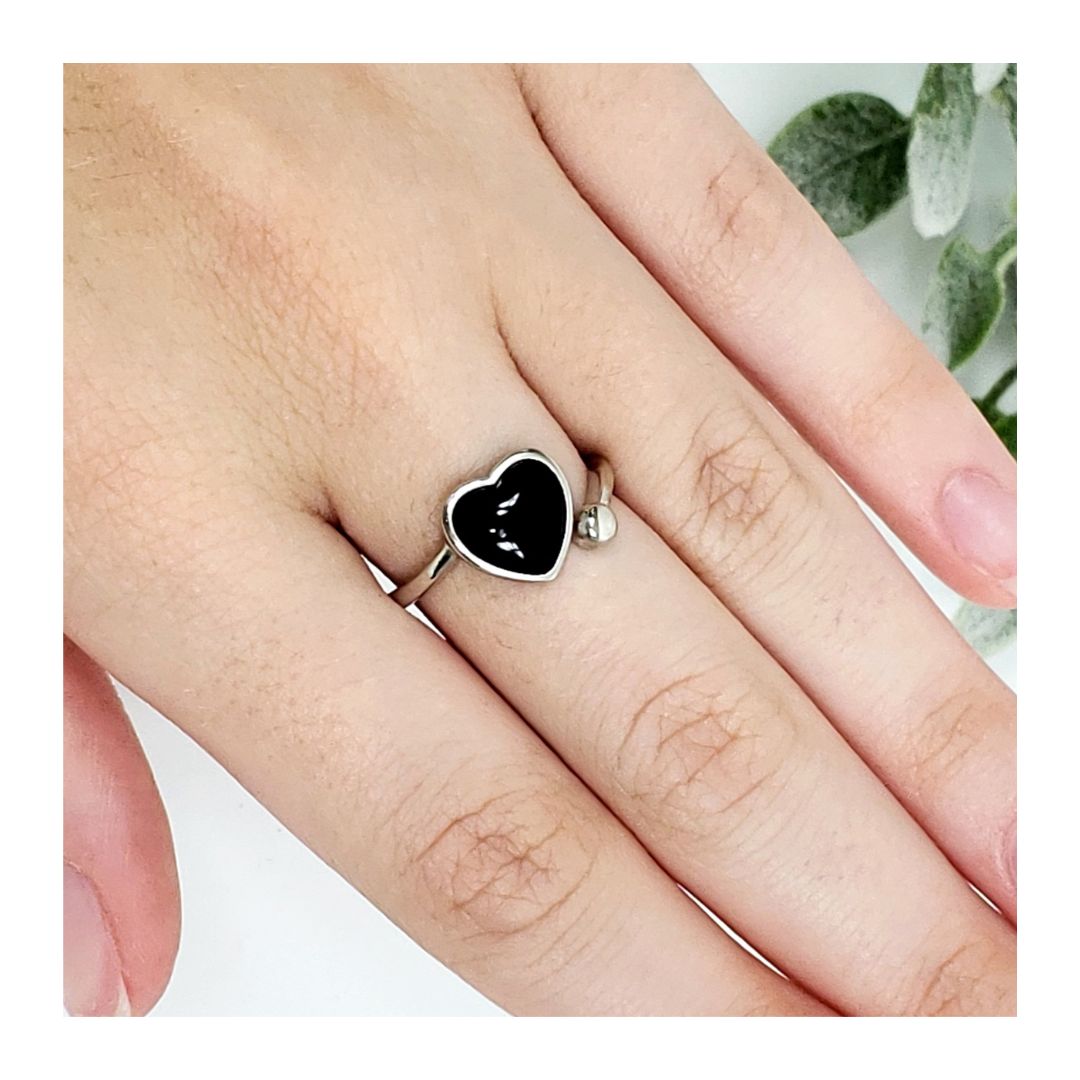 Black Onyx Heart Shaped Adjustable Sterling Silver Ring